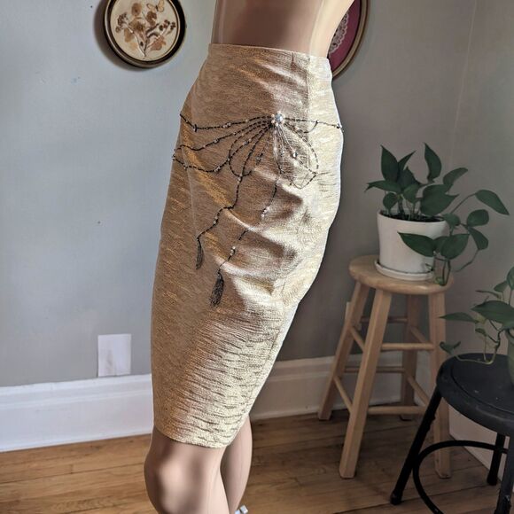 NWT Y2K Kelly and Diane Mini Skirt Pencil Slit Gold Beaded Bow Tassel Size 6 - Picture 13 of 13